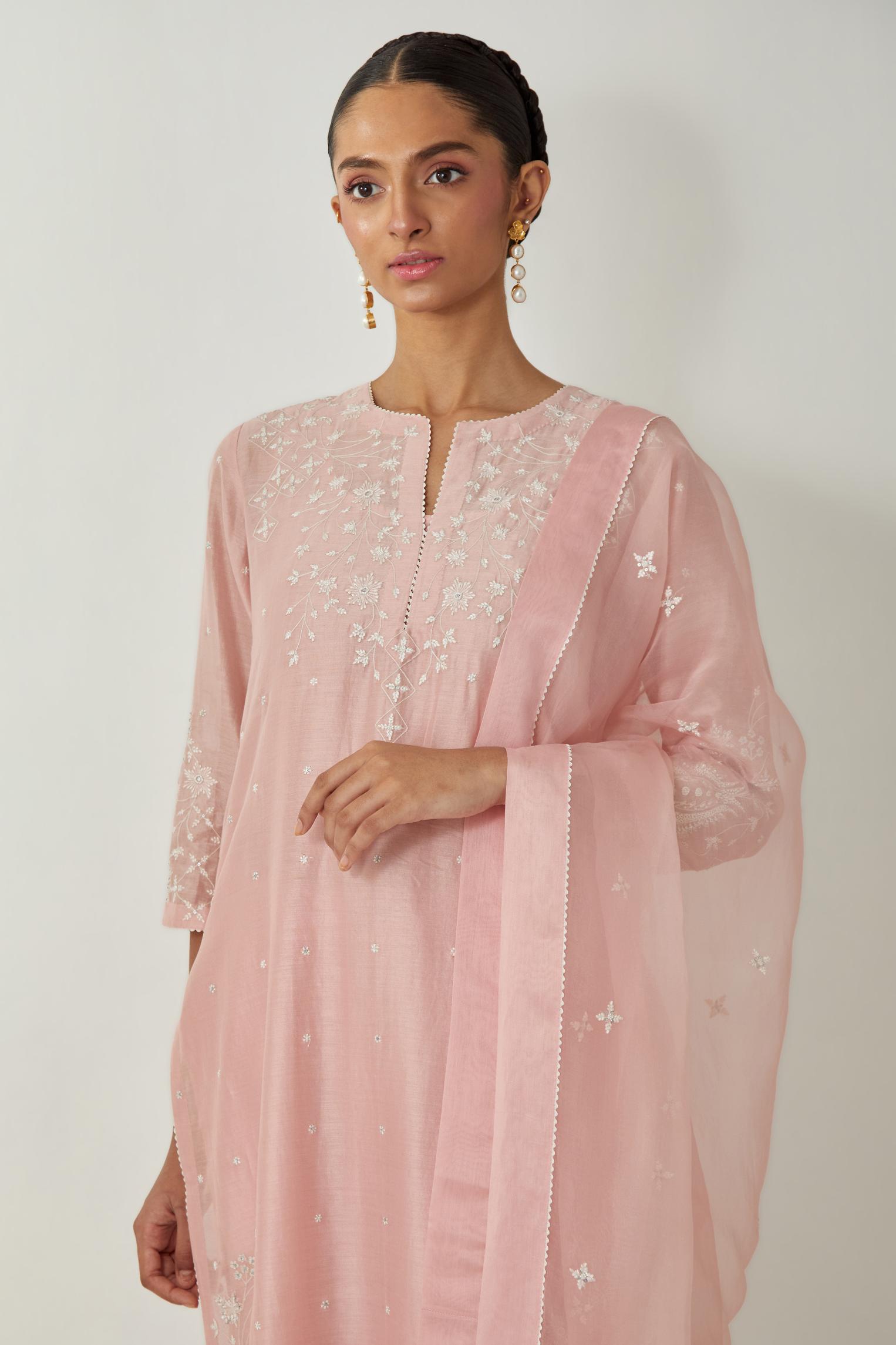 Pink silk organza dupatta with all-over silk thread small floral booti & big boota at side corner, highlighted with bead and sequins work.