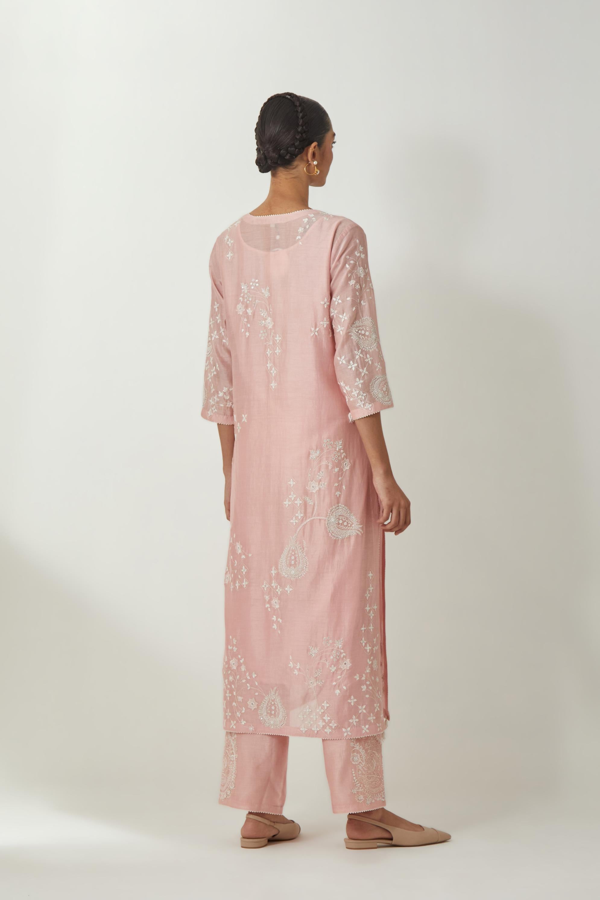 Pink silk Chanderi straight kurta set with all-over off white silk thread embroidery, highlighted with beads and sequins work.