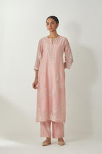 Pink silk Chanderi straight kurta set with all-over off white silk thread embroidery, highlighted with beads and sequins work.