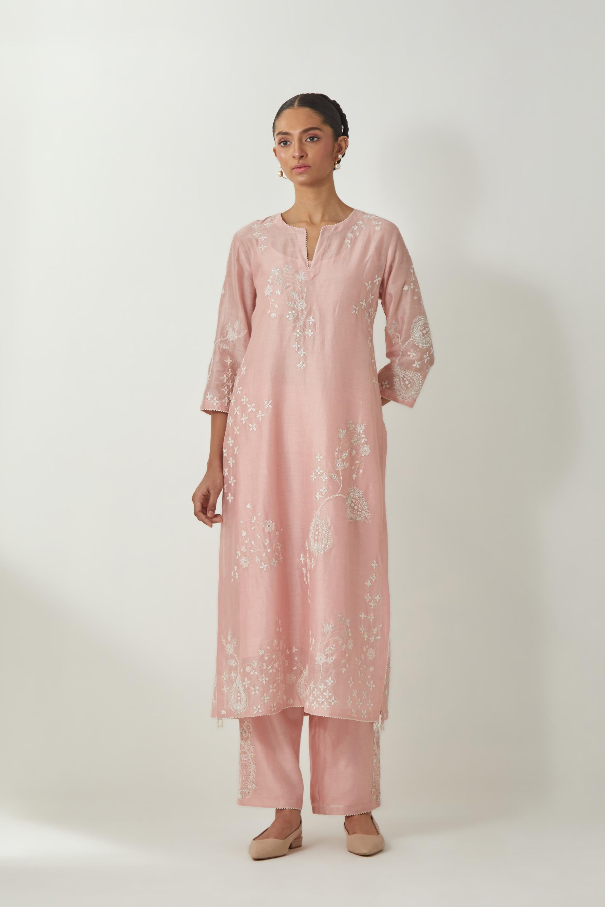 Pink silk Chanderi straight kurta set with all-over off white silk thread embroidery, highlighted with beads and sequins work.