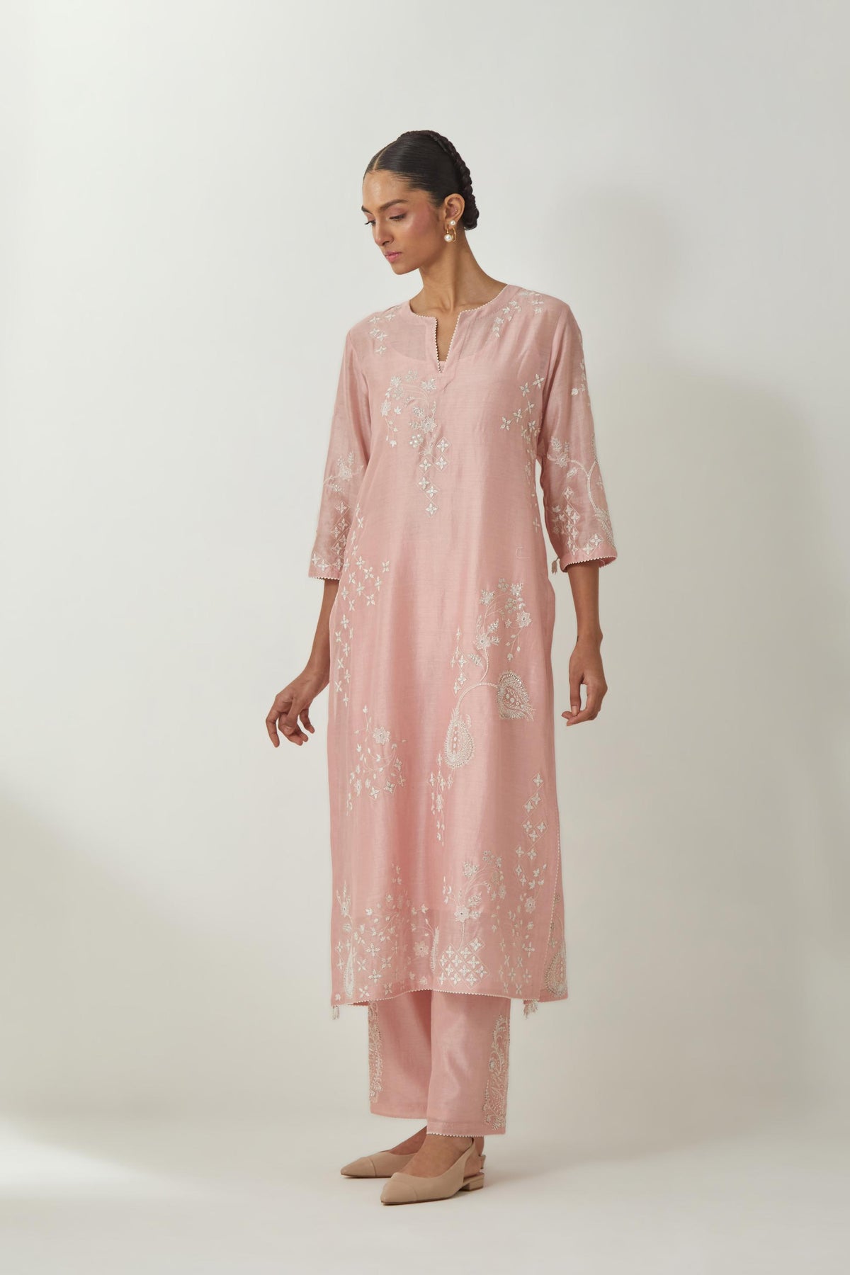 Pink silk Chanderi straight kurta set with all-over off white silk thread embroidery, highlighted with beads and sequins work.