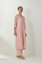 Pink silk Chanderi straight kurta set with all-over off white silk thread embroidery, highlighted with beads and sequins work.