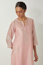 Pink silk Chanderi straight kurta set with all-over off white silk thread embroidery, highlighted with beads and sequins work.