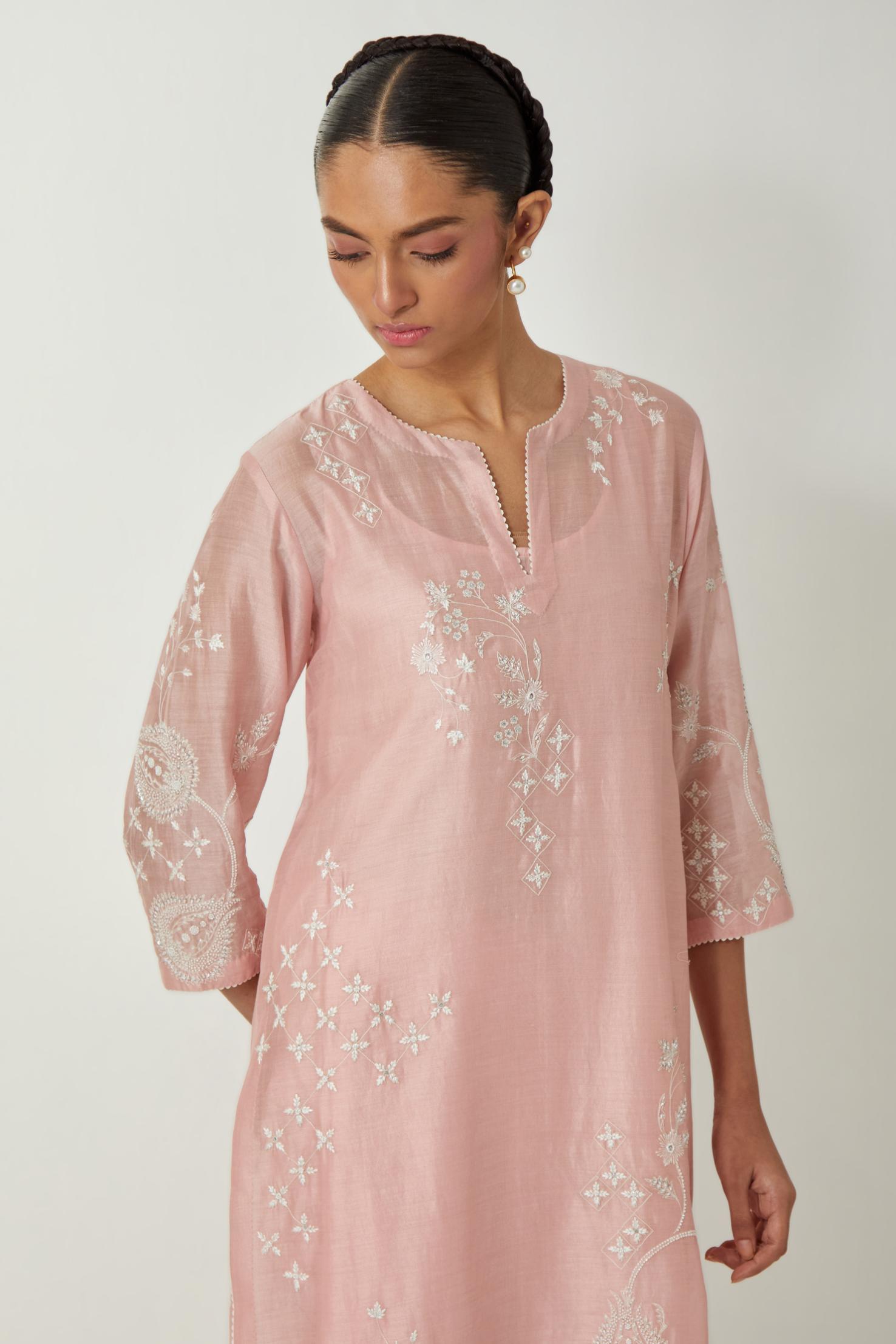 Pink silk Chanderi straight kurta set with all-over off white silk thread embroidery, highlighted with beads and sequins work.