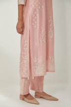 Pink silk Chanderi straight kurta set with all-over off white silk thread embroidery, highlighted with beads and sequins work.