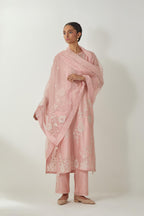 Pink silk organza dupatta with all-over silk thread small floral booti & big boota at side corner, highlighted with bead and sequins work.