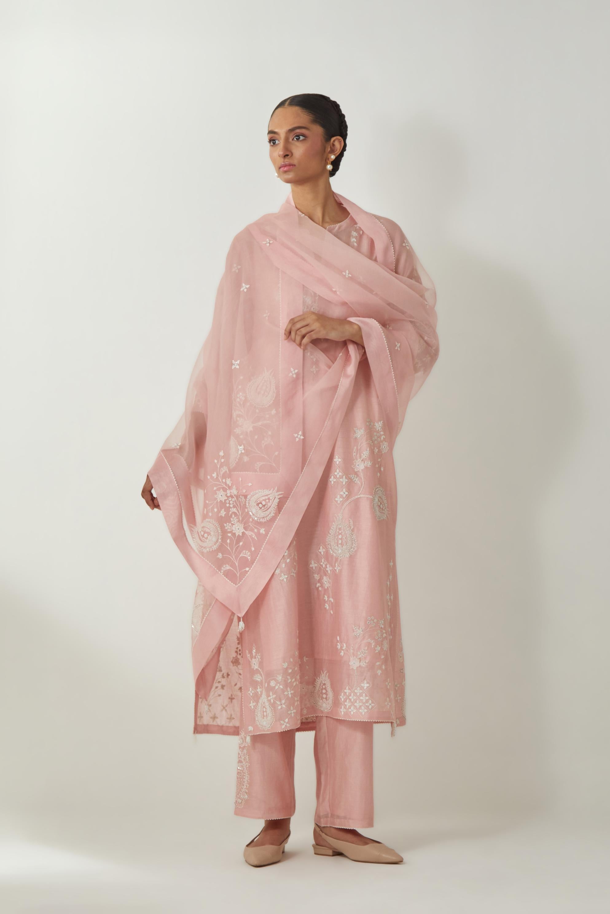 Pink silk organza dupatta with all-over silk thread small floral booti & big boota at side corner, highlighted with bead and sequins work.