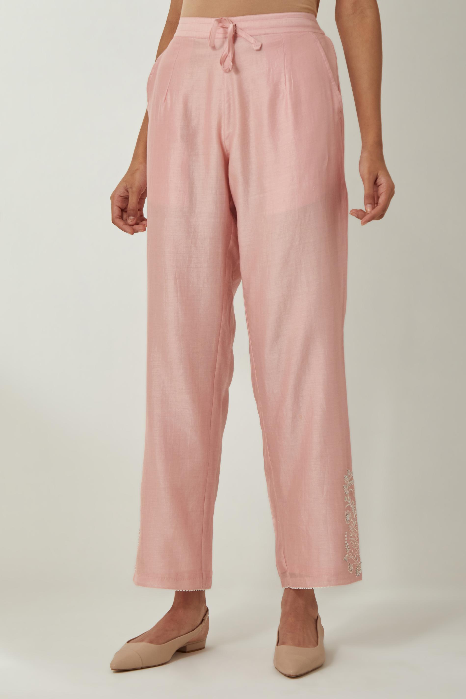 Pink silk Chanderi straight pants with embroidered boota at sides, highlighted with sequins and beads.