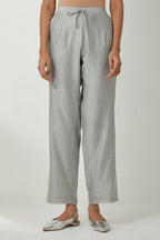 Bluish Grey silk Chanderi straight pants with embroidered boota at sides, highlighted with sequins and beads.