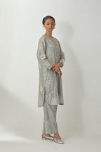 Bluish Grey silk Chandri straight short kurta with all-over off white silk thread embroidery, highlighted with beads and sequins work,  paired with Bluish Grey silk Chanderi straight pants with embroidered boota at sides, highlighted with sequins and bead