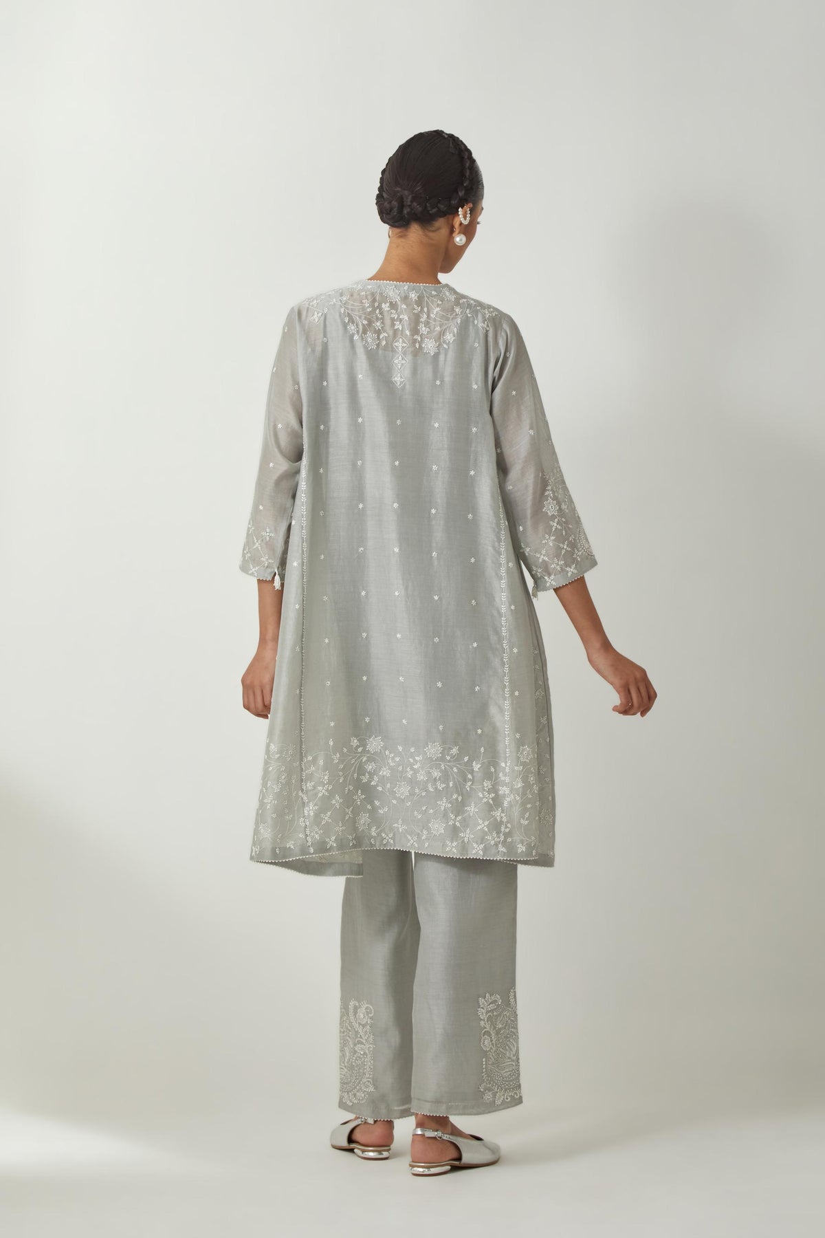 Bluish Grey silk Chanderi short kalidar kurta set with all-over off white silk thread embroidery, highlighted with beads and sequins work.