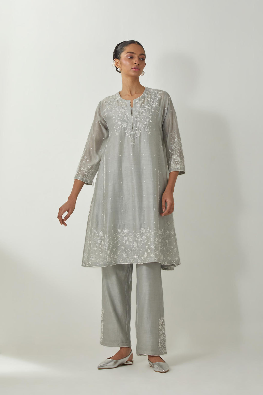 Bluish Grey silk Chanderi short kalidar kurta set with all-over off white silk thread embroidery, highlighted with beads and sequins work.
