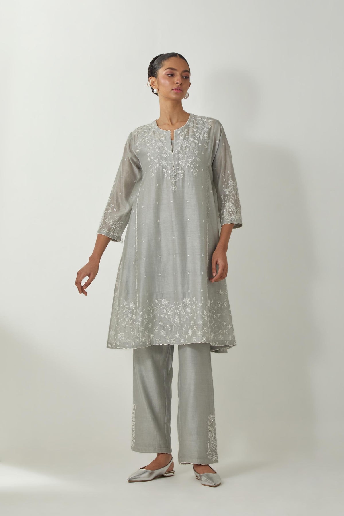 Bluish Grey silk Chanderi short kalidar kurta set with all-over off white silk thread embroidery, highlighted with beads and sequins work.