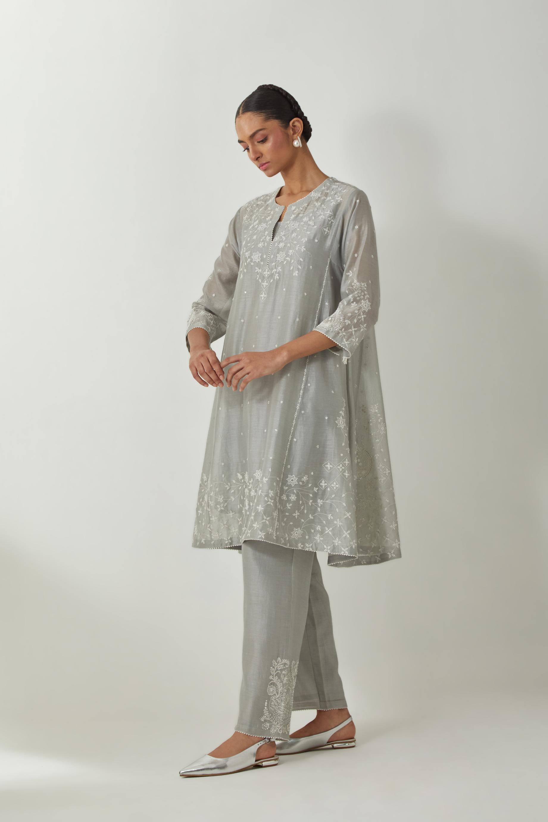Bluish Grey silk Chanderi short kalidar kurta set with all-over off white silk thread embroidery, highlighted with beads and sequins work.