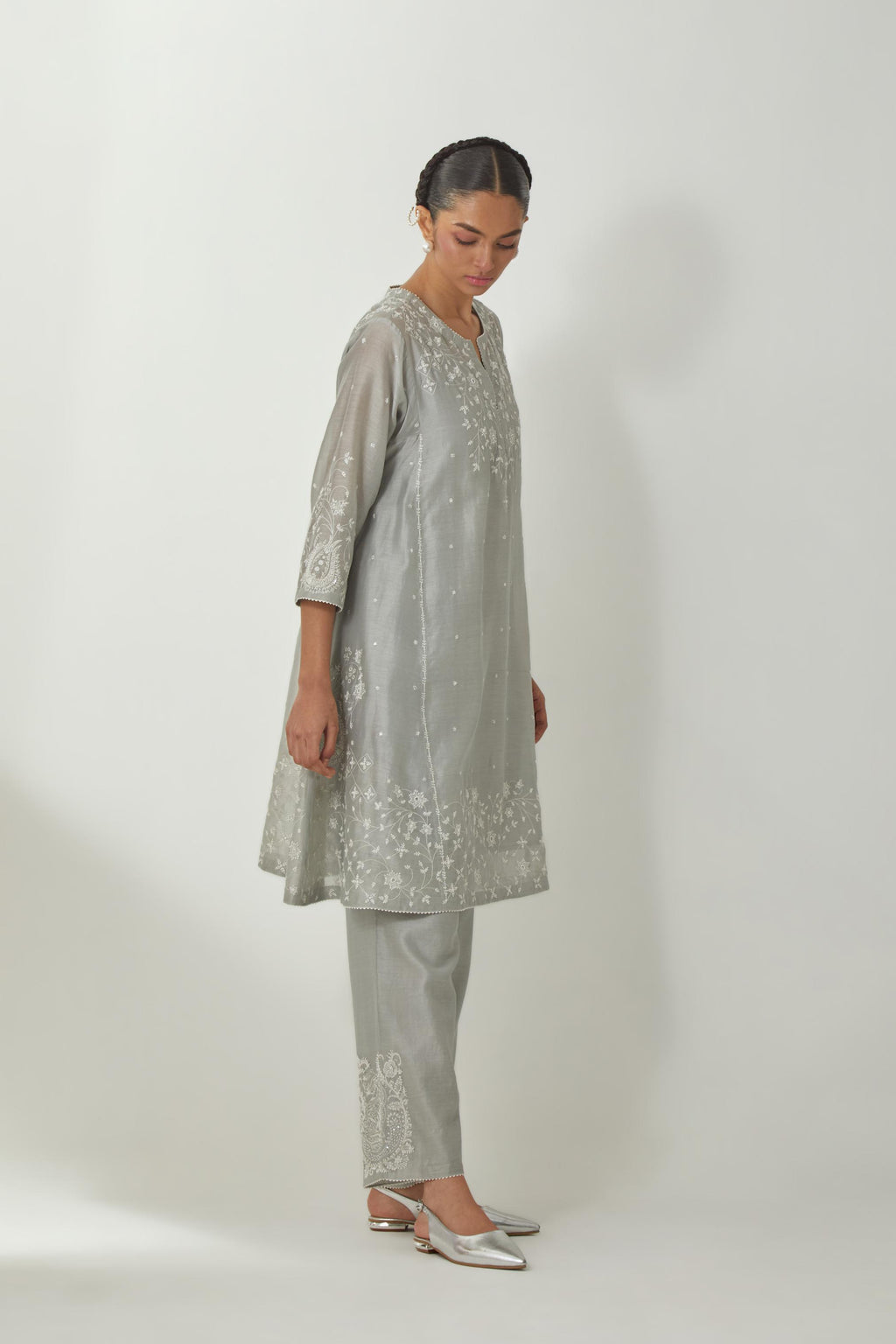 Bluish Grey silk Chanderi short kalidar kurta set with all-over off white silk thread embroidery, highlighted with beads and sequins work.