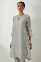 Bluish Grey silk Chanderi short kalidar kurta set with all-over off white silk thread embroidery, highlighted with beads and sequins work.