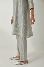 Bluish Grey silk Chanderi short kalidar kurta set with all-over off white silk thread embroidery, highlighted with beads and sequins work.