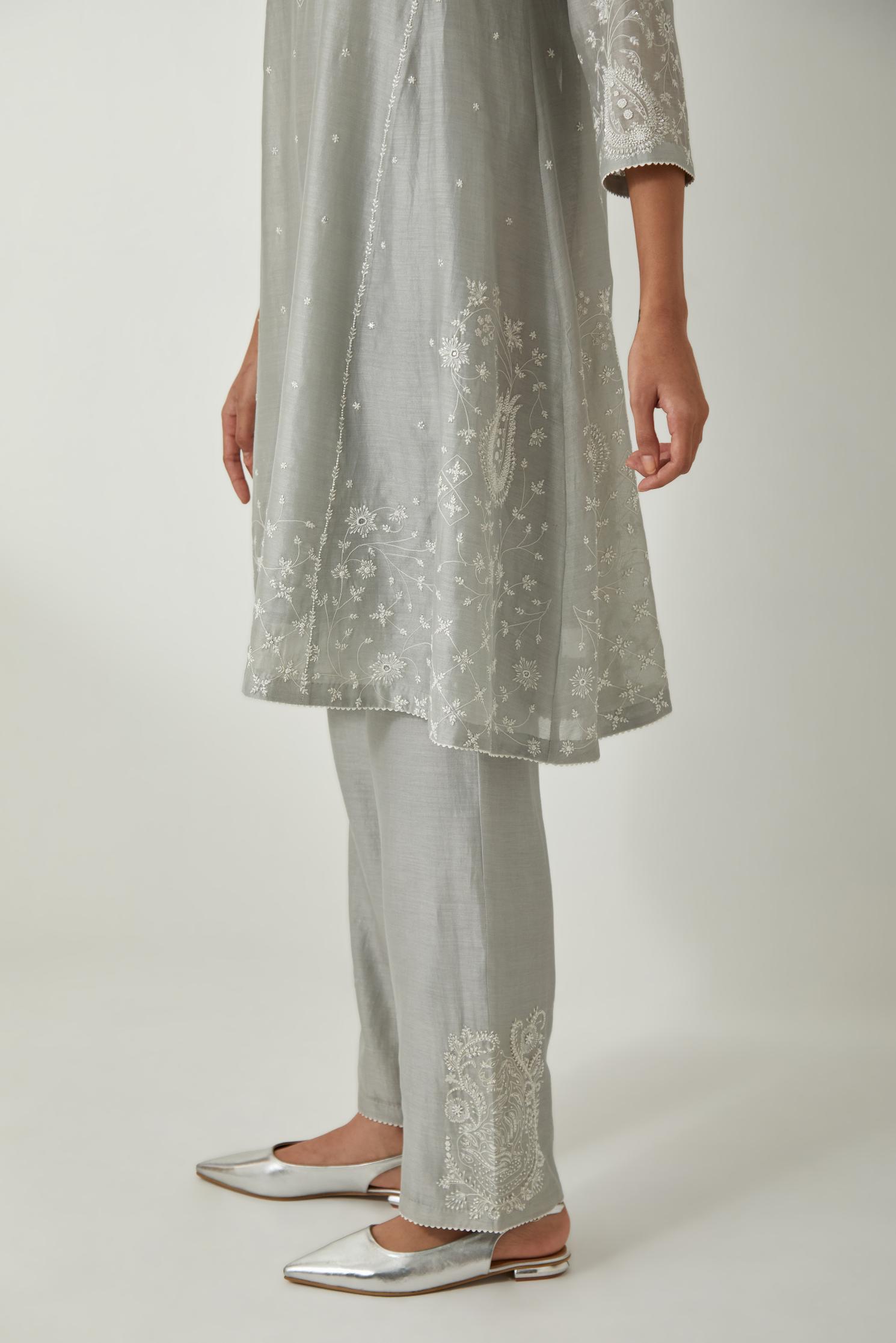 Bluish Grey silk Chanderi short kalidar kurta set with all-over off white silk thread embroidery, highlighted with beads and sequins work.