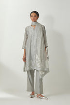 Bluish Grey silk Chanderi short kalidar kurta set with all-over off white silk thread embroidery, highlighted with beads and sequins work.