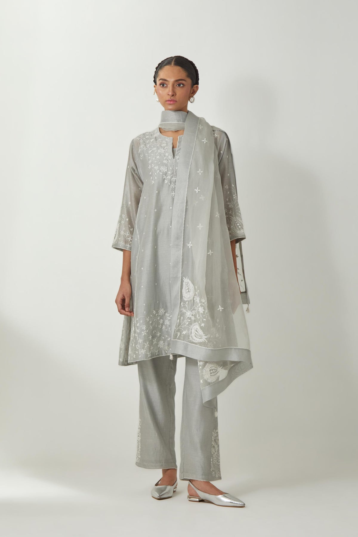 Bluish Grey silk Chanderi short kalidar kurta set with all-over off white silk thread embroidery, highlighted with beads and sequins work.