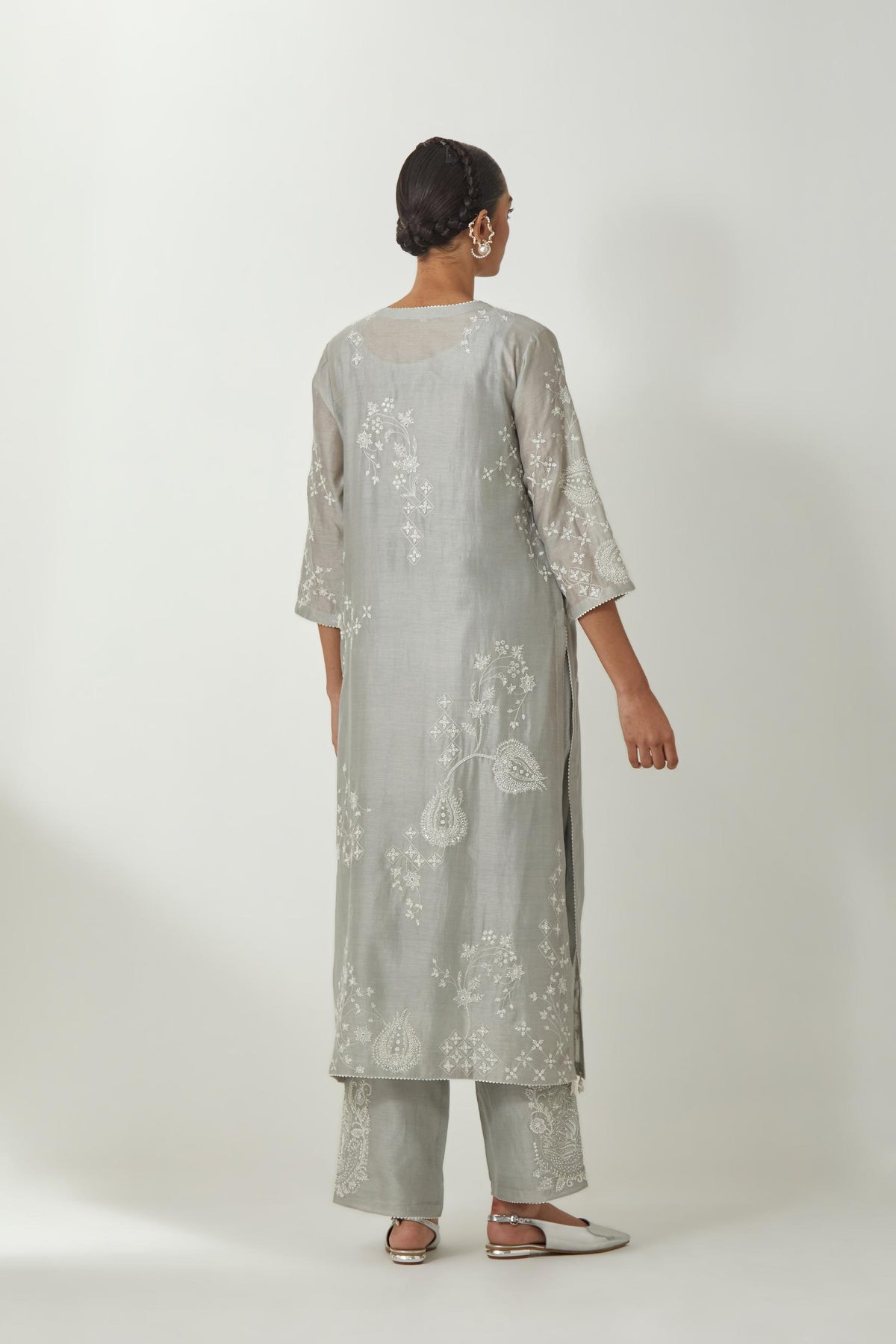 Bluish Grey silk Chanderi straight kurta set with all-over off white silk thread embroidery, highlighted with beads and sequins work.