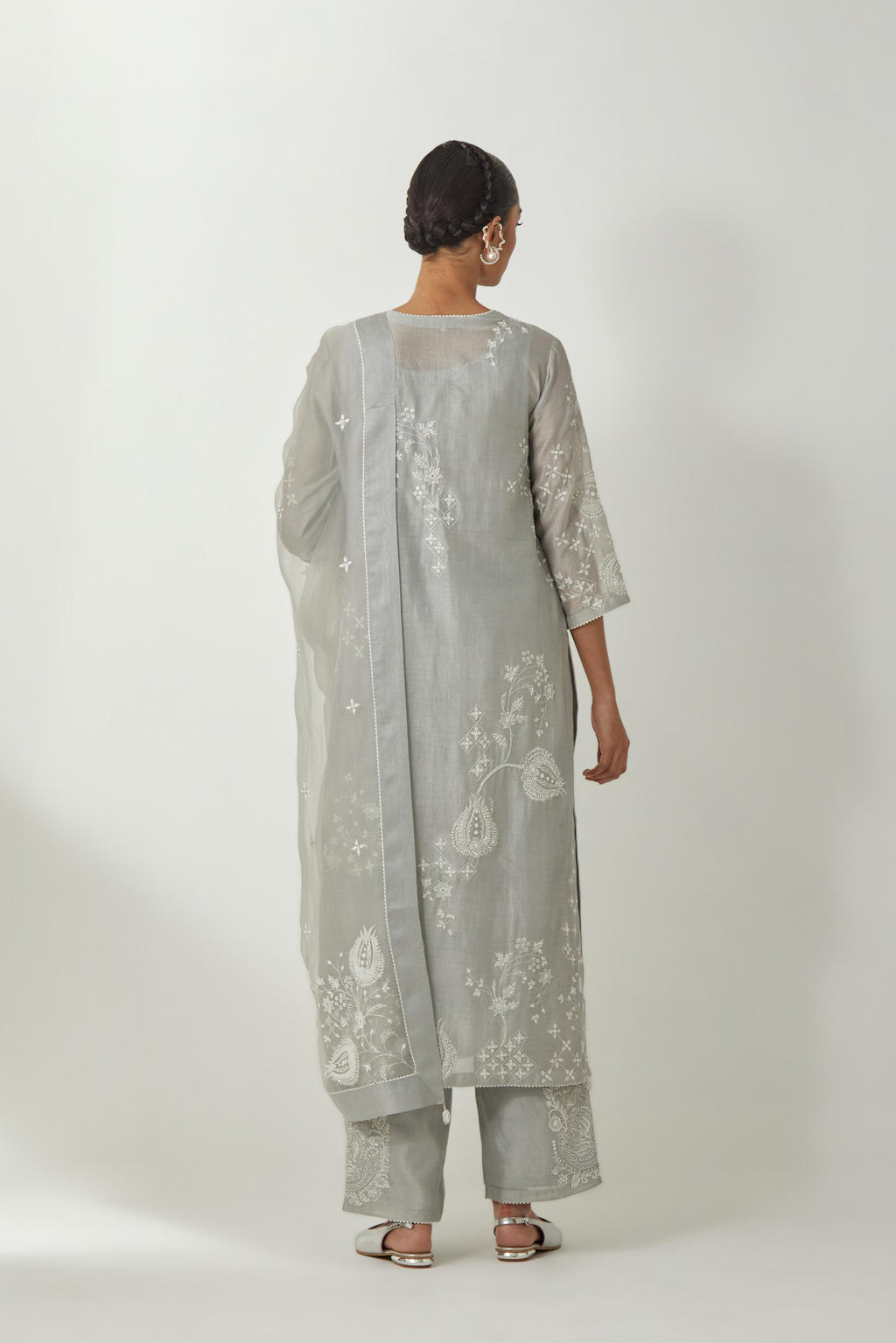 Bluish Grey silk Chanderi straight kurta set with all-over off white silk thread embroidery, highlighted with beads and sequins work.