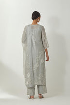 Bluish Grey silk Chanderi straight kurta set with all-over off white silk thread embroidery, highlighted with beads and sequins work.