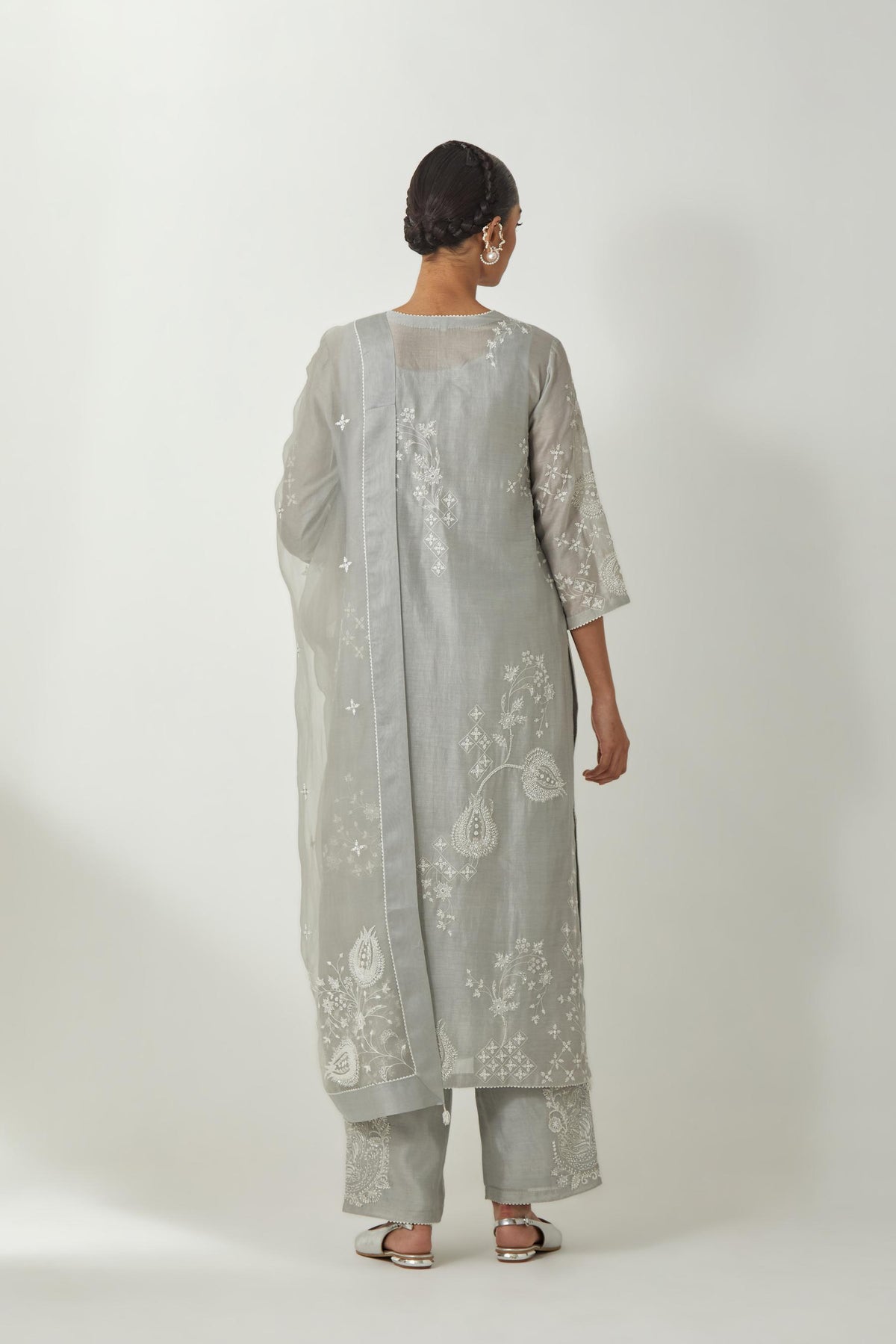 Bluish Grey silk Chanderi straight kurta set with all-over off white silk thread embroidery, highlighted with beads and sequins work.