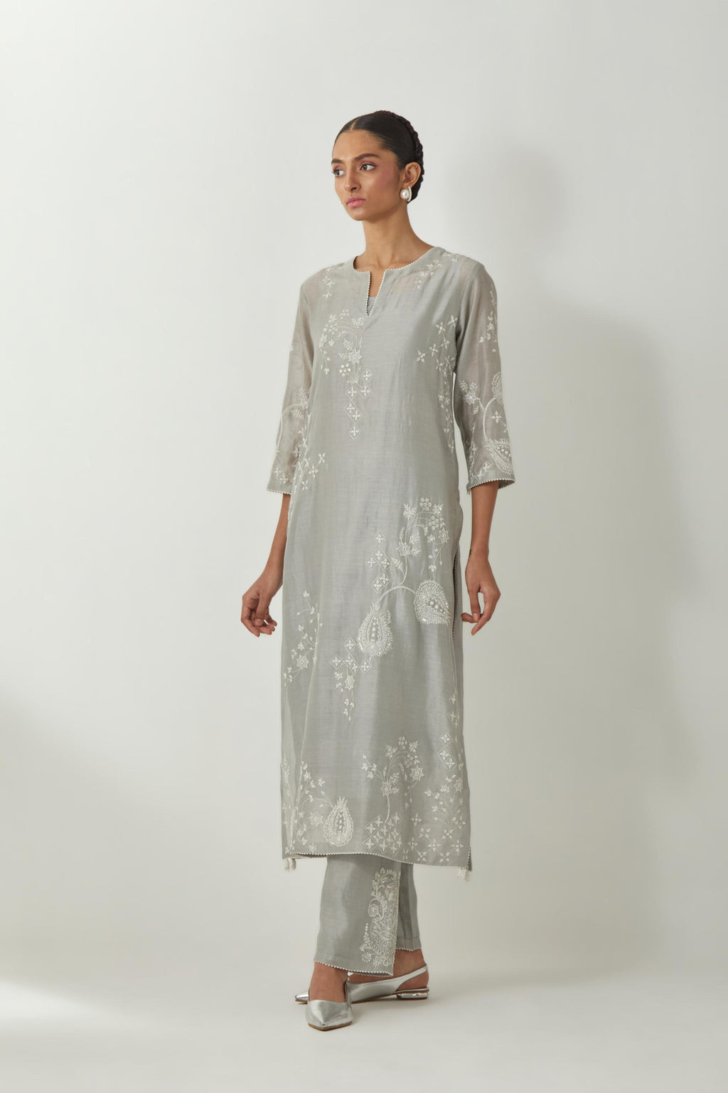 Bluish Grey silk Chanderi straight kurta set with all-over off white silk thread embroidery, highlighted with beads and sequins work.
