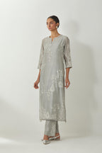 Bluish Grey silk Chanderi straight kurta set with all-over off white silk thread embroidery, highlighted with beads and sequins work.