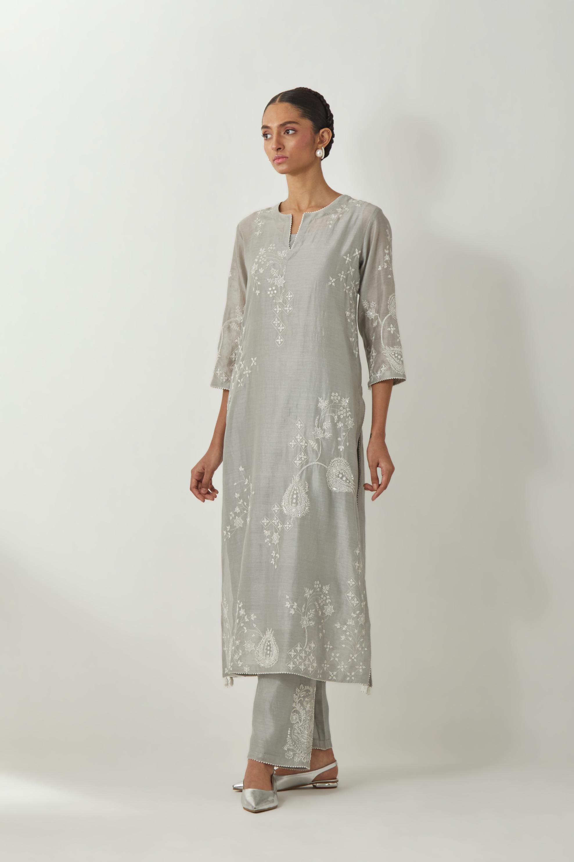 Bluish Grey silk Chanderi straight kurta set with all-over off white silk thread embroidery, highlighted with beads and sequins work.