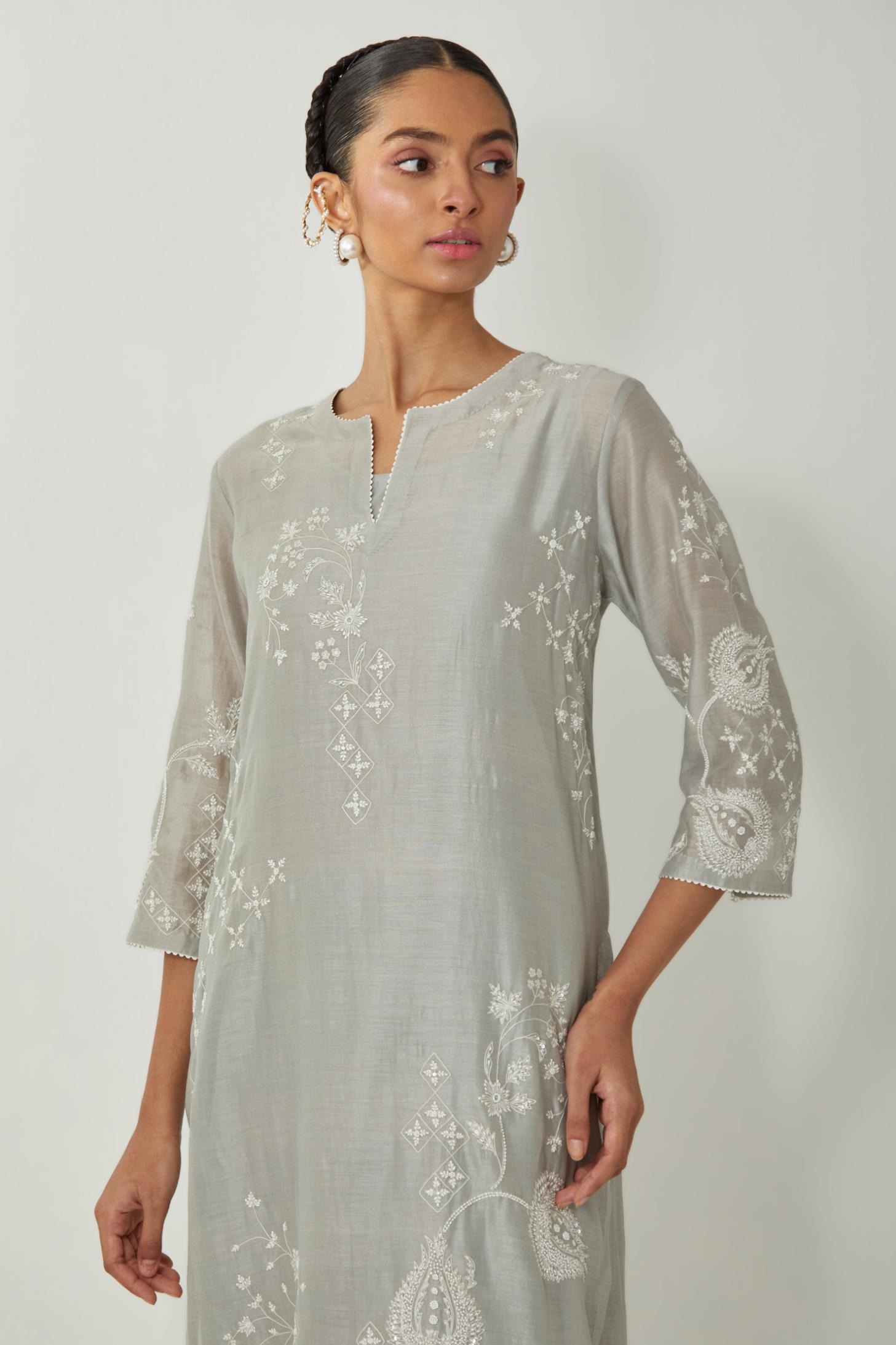 Bluish Grey silk Chanderi straight kurta set with all-over off white silk thread embroidery, highlighted with beads and sequins work.