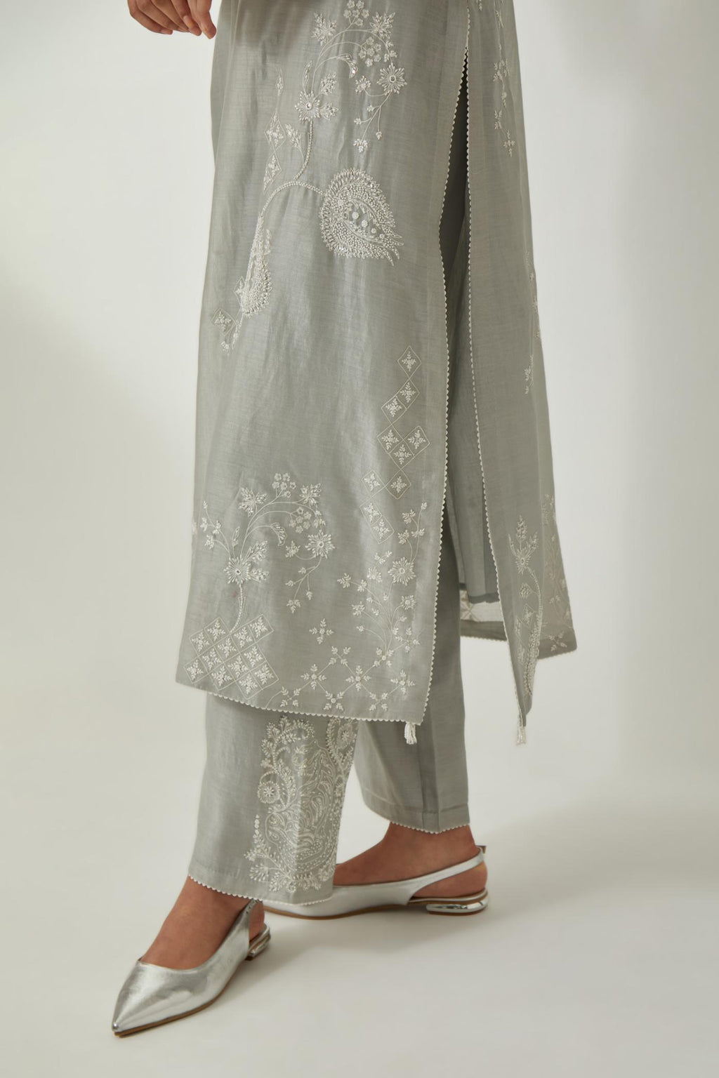 Bluish Grey silk Chanderi straight kurta set with all-over off white silk thread embroidery, highlighted with beads and sequins work.