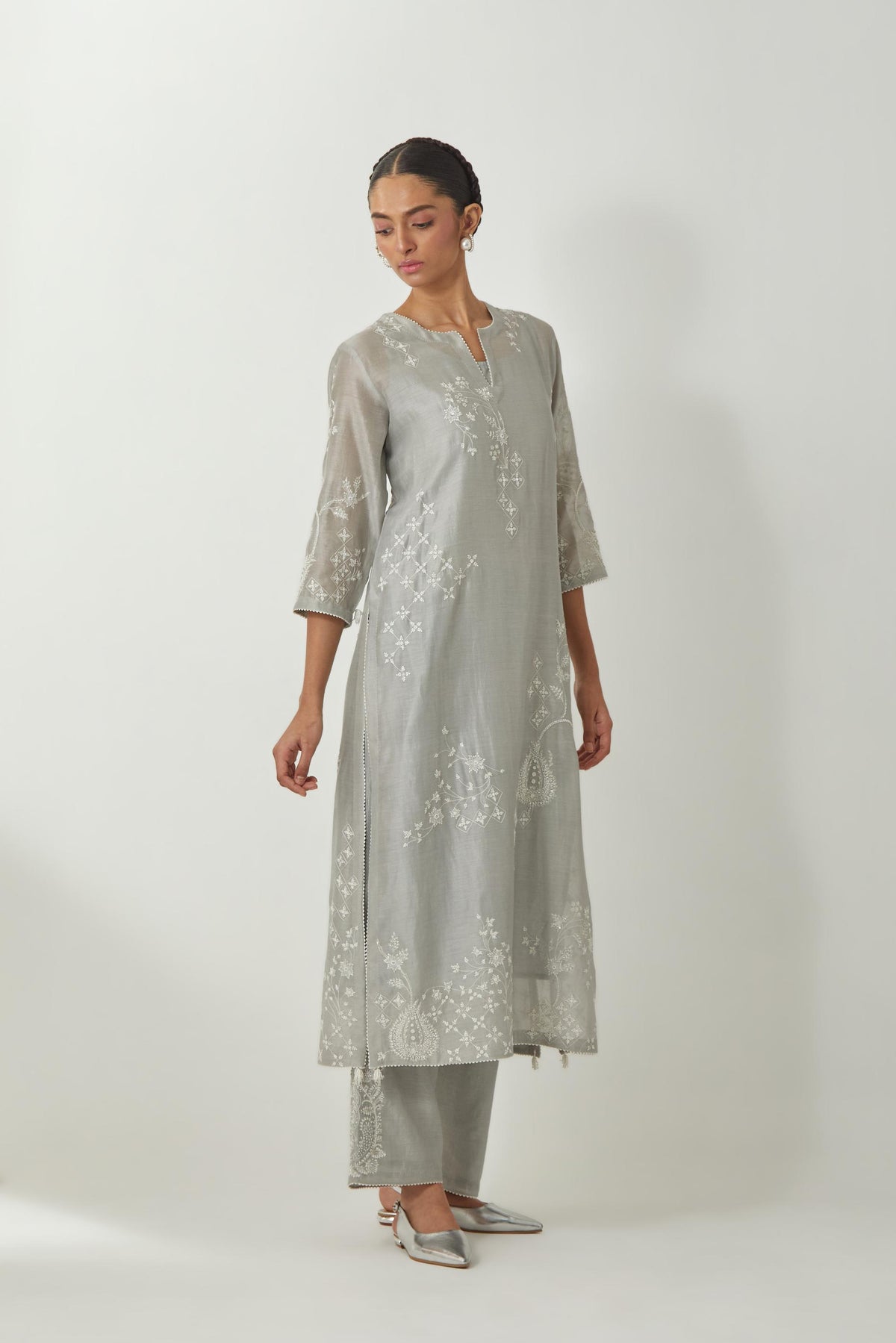 Bluish Grey silk Chanderi straight kurta set with all-over off white silk thread embroidery, highlighted with beads and sequins work.