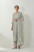 Bluish Grey silk organza dupatta with all-over silk thread small floral booti & big boota at side corner, highlighted with bead and sequins work.