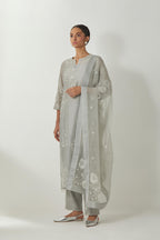 Bluish Grey silk organza dupatta with all-over silk thread small floral booti & big boota at side corner, highlighted with bead and sequins work.