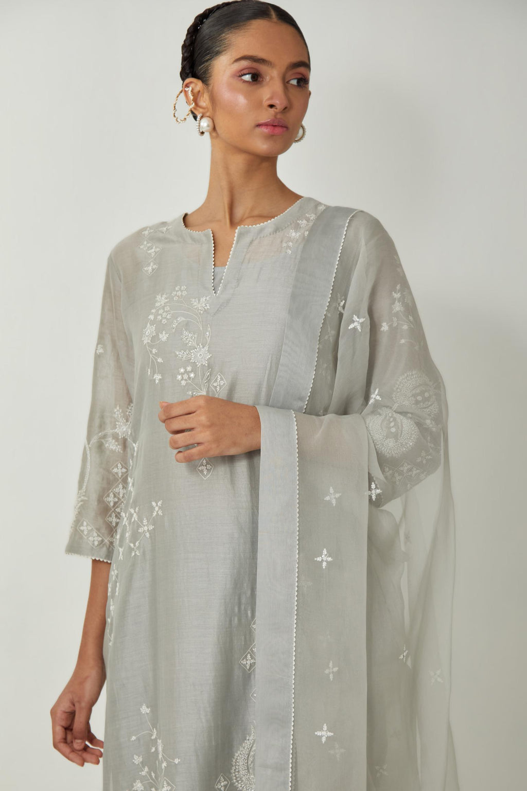 Bluish Grey silk organza dupatta with all-over silk thread small floral booti & big boota at side corner, highlighted with bead and sequins work.