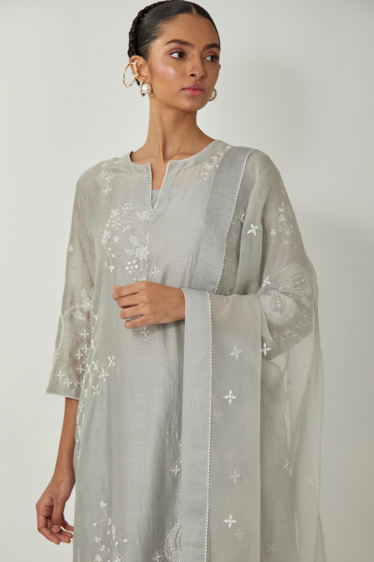 Bluish Grey silk organza dupatta with all-over silk thread small floral booti & big boota at side corner, highlighted with bead and sequins work.