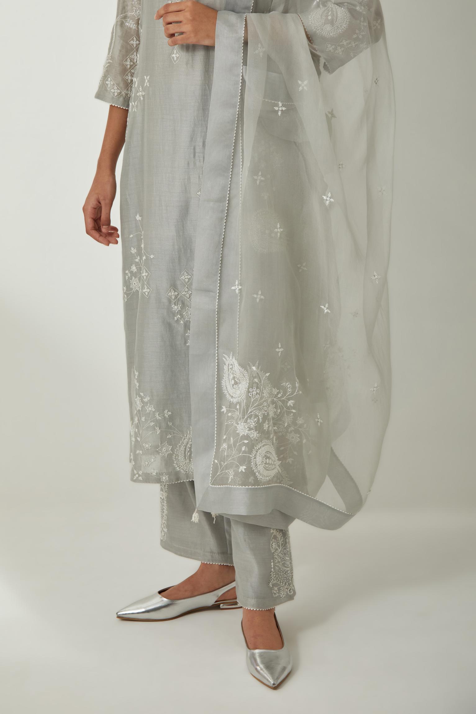 Bluish Grey silk organza dupatta with all-over silk thread small floral booti & big boota at side corner, highlighted with bead and sequins work.