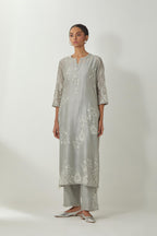 Bluish Grey silk Chanderi straight kurta set with all-over off white silk thread embroidery, highlighted with beads and sequins work.