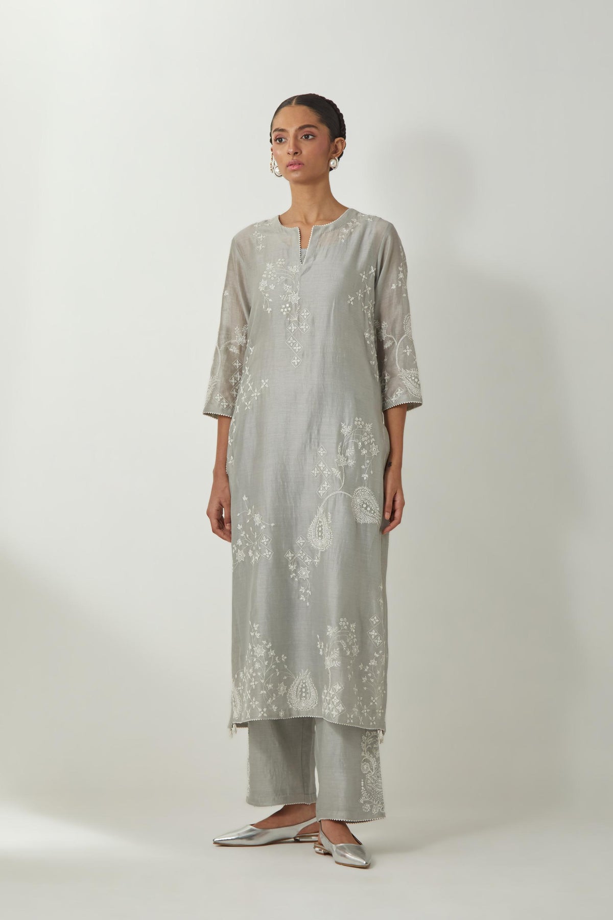 Bluish Grey silk Chanderi straight kurta set with all-over off white silk thread embroidery, highlighted with beads and sequins work.