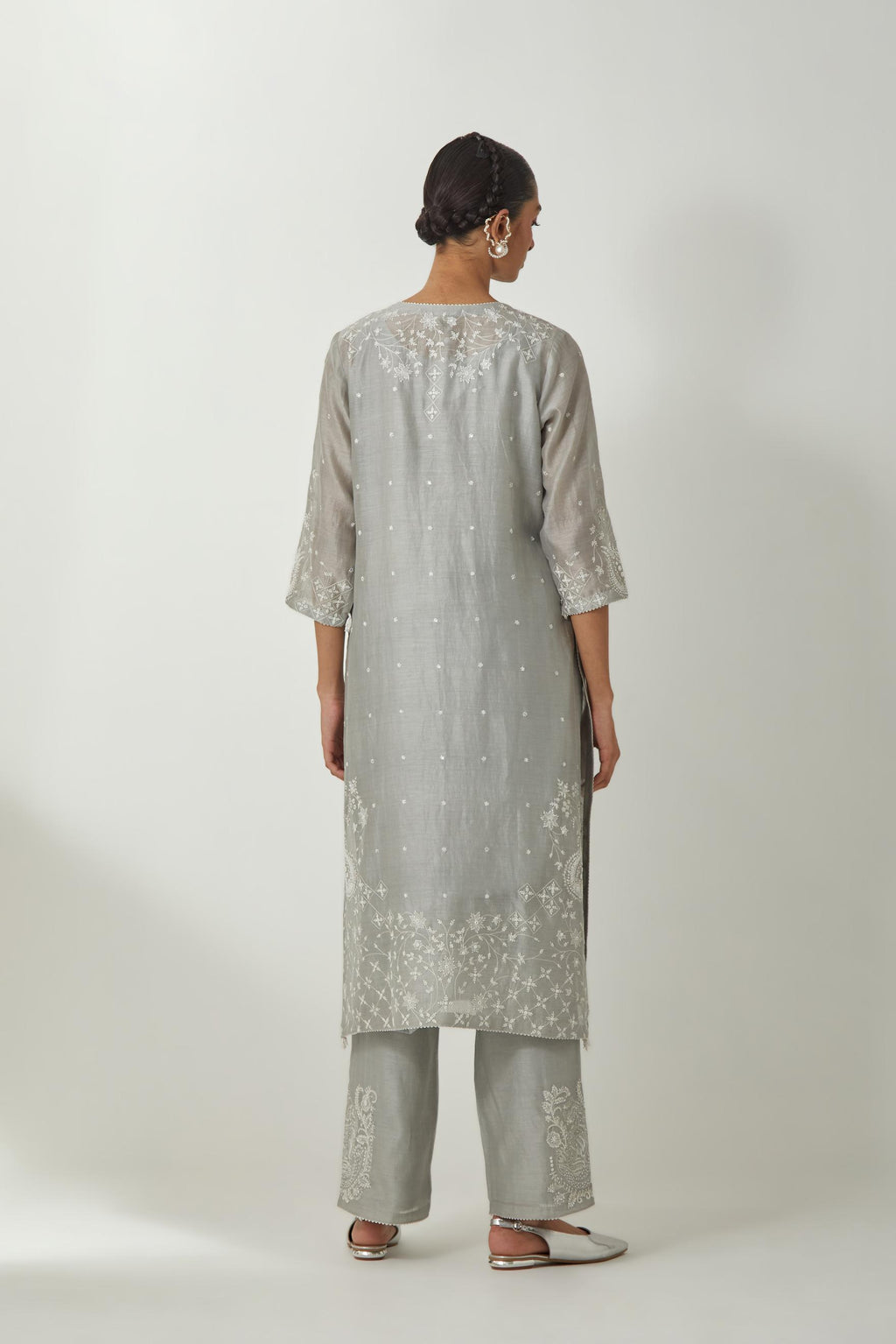Bluish Grey silk Chanderi straight mid length kurta set with all-over off white silk thread embroidery, highlighted with beads, and sequins work at neck & hem.
