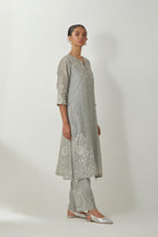Bluish Grey silk Chanderi straight mid length kurta set with all-over off white silk thread embroidery, highlighted with beads, and sequins work at neck & hem.