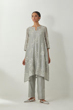 Bluish Grey silk Chanderi short easy fit kurta set with straight hem and all-over off white silk thread embroidery, highlighted with beads and sequins work.