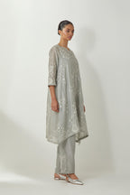 Bluish Grey silk Chanderi short easy fit kurta set with straight hem and all-over off white silk thread embroidery, highlighted with beads and sequins work.