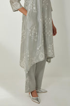 Bluish Grey silk Chanderi short easy fit kurta set with straight hem and all-over off white silk thread embroidery, highlighted with beads and sequins work.
