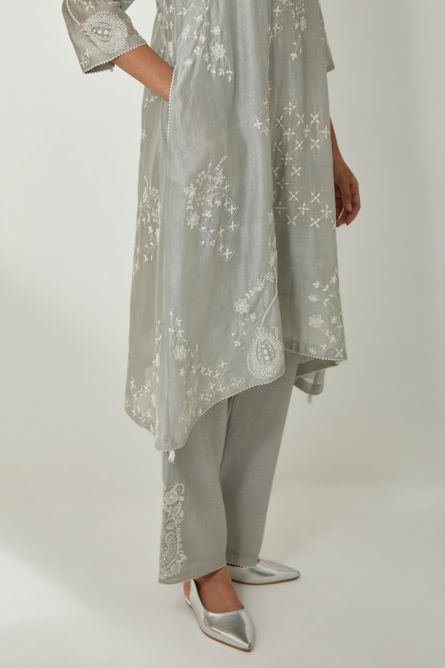 Bluish Grey silk Chanderi short easy fit kurta set with straight hem and all-over off white silk thread embroidery, highlighted with beads and sequins work.