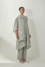 Bluish Grey silk Chanderi short easy fit kurta set with straight hem and all-over off white silk thread embroidery, highlighted with beads and sequins work.