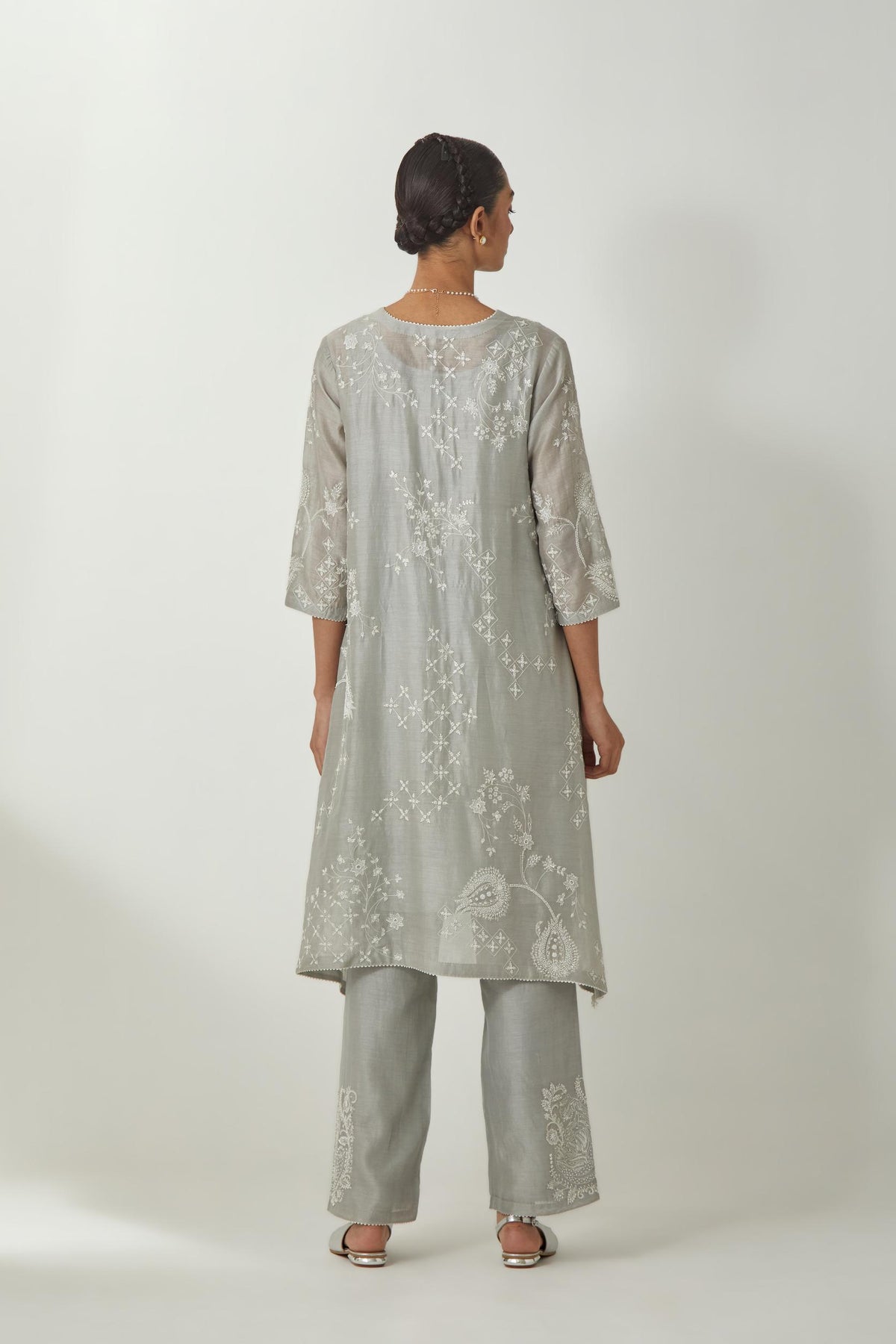 Bluish Grey silk Chanderi short easy fit kurta set with straight hem and all-over off white silk thread embroidery, highlighted with beads and sequins work.