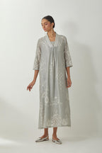 Bluish Grey silk Chanderi easy fit dress with all-over off white silk thread embroidery, highlighted with beads and sequins work.
